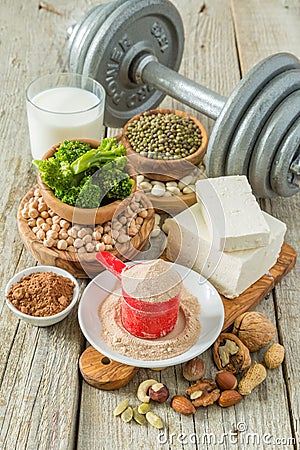 Selection vegan protein sources on wood background Stock Photo