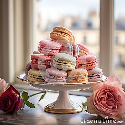 Selection of vibrant macarons arranged on a circular cake plate, AI-generated. Stock Photo
