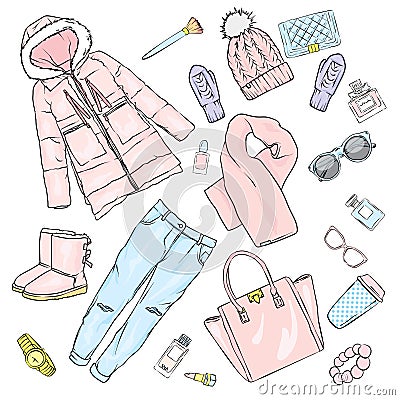 Selection of winter women`s clothing. Jacket, coat, shoes, bag, perfume, cosmetics and other accessories. A set of stickers. Vector Illustration