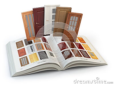 Selection of wooden doors by catalog with samples. Interior desi Cartoon Illustration