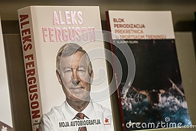 Selective blur on the autobiography book of Alex Ferguson in a bookstore. Editorial Stock Photo