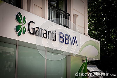 Selective blur on a Garanti BBVA Bank logo on an office in Istanbul. Editorial Stock Photo