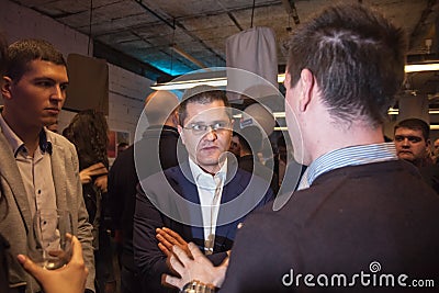 Selective blur on Vuk Jeremic, Democratic center right candidate for the 2017 Serbian presidential elections discussing Editorial Stock Photo