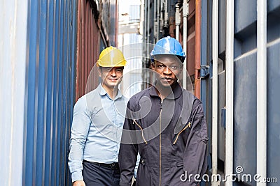 Selective focus at African black worker while talk and having discussion with supervisor and inspect the condition of all Stock Photo