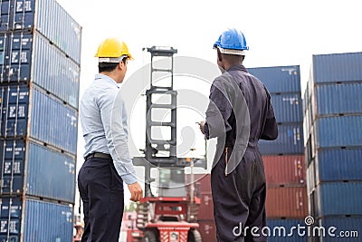 Selective focus at African black worker while talk and having discussion with supervisor and inspect the condition of all Stock Photo