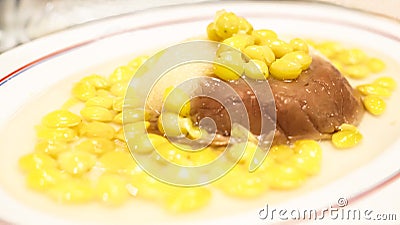 Selective focus Asian Thai Chinese sweet dessert menu, Chinese Henan hot sticky rice and steamed taro with yellow ginkgo nuts Stock Photo