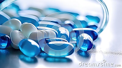 Selective focus on blue and white capsules pill on white background. Generative Ai Stock Photo