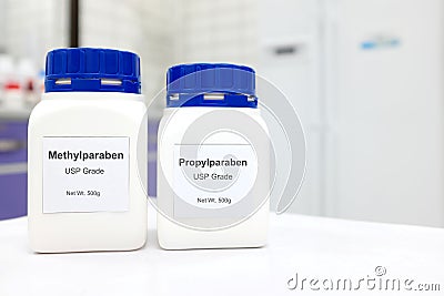 Selective focus of a bottle of Methylparaben and Propylparaben parabens pure chemical compound used as preservative in cosmetics Stock Photo