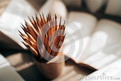 Selective focus of a bunch of pencils in a holder next to open books on a table Stock Photo