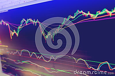 Selective focus of Business graph charts of financial instruments with various type of indicators combine Stock Photo