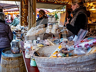 Cheese and bread stall at the Maastricht Christmas market Editorial Stock Photo