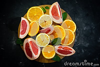 selective focus, citrus fruit on dark background Stock Photo