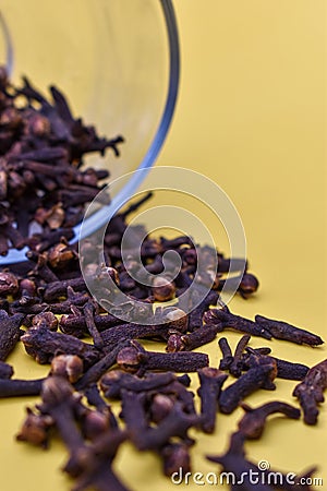 Selective focus closeup of a glass of dried carnation spices Stock Photo