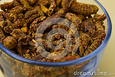 Selective focus closeup of a glass of dried carnation spices Stock Photo