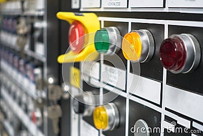 Selective focus Control panel with lots of buttons Stock Photo