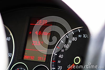Selective focus on digital display of car isolated. Car speedometer, dashboard, tachometer and temperature gauge Stock Photo