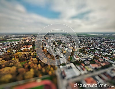 Selective focus drone shot of residential buildings and parks in a city Stock Photo