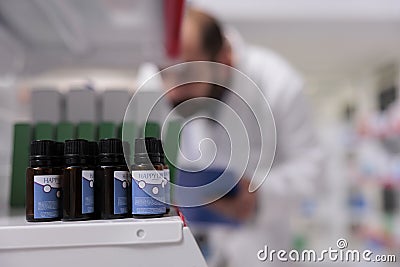 Selective focus of essential oil on pharmacy shelves is ready to be buy by client Stock Photo