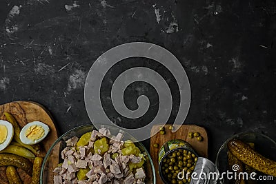 selective focus, flat lay, ingredients for Olivier salad Stock Photo