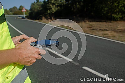 Selective focus, hands of a man operating a drone, technology concept Stock Photo