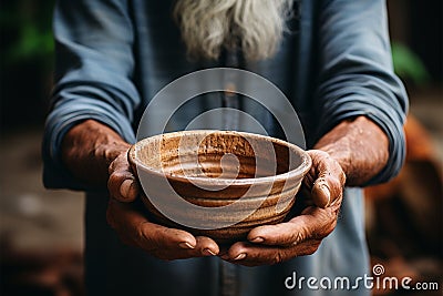 Selective focus on impoverished old mans hands clutching an empty bowl Stock Photo