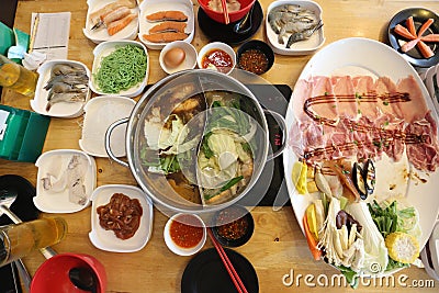 Selective focus of Ingredients with vegetables for cooking or shabu shabu and sukiyaki, Japanese food Stock Photo