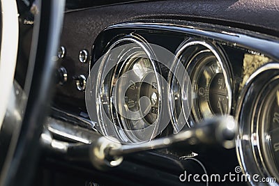 Selective focus on Interiors details of a Vintage Police car Alfa Romeo,1900 super. Exibited Editorial Stock Photo