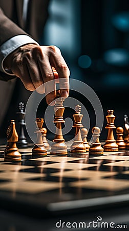 Selective focus Mans hand in chess play, metaphorically guiding strategic business decisions Stock Photo