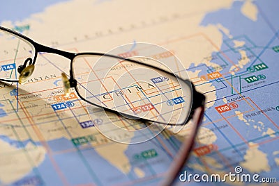 Selective focus on map of Asia Stock Photo
