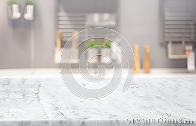 Selective focus,Marble table top on blur white kitchen room background.F Stock Photo