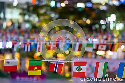 Selective focus of national flags of many countries, international cooperation Stock Photo