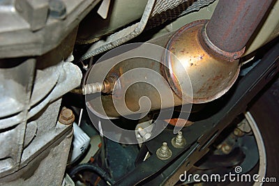 Catalytic Converted with O2 Sensor Under Automobile Stock Photo