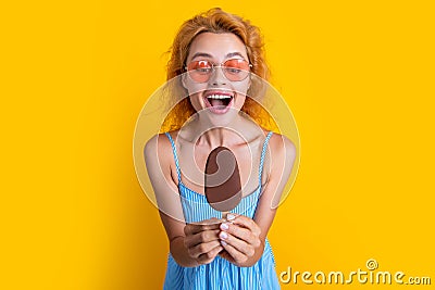 selective focus photo of woman with icecream at summer. woman with icecream Stock Photo