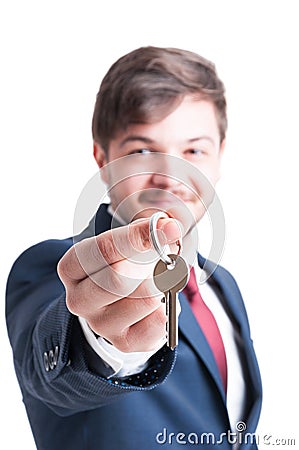 Selective focus of real estate agent showing keying Stock Photo