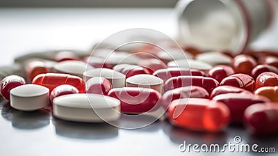 Selective focus on red and white capsules pill on white background. Generative Ai Stock Photo