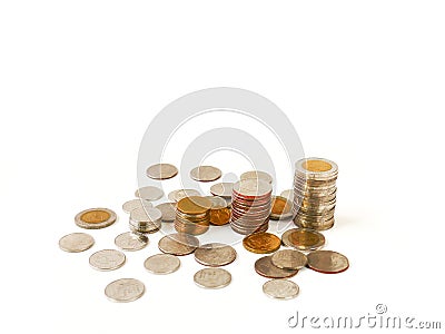 Selective focus saving stack coins isolated on white background with copy space, Business and financial concept Stock Photo