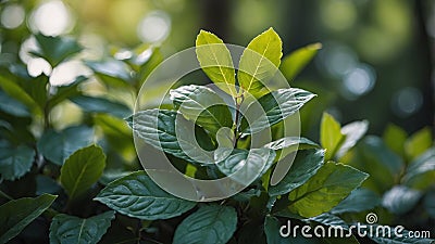 Selective focus with a shallow depth of field on fresh green leaves creating a background with copy space image. Stock Photo