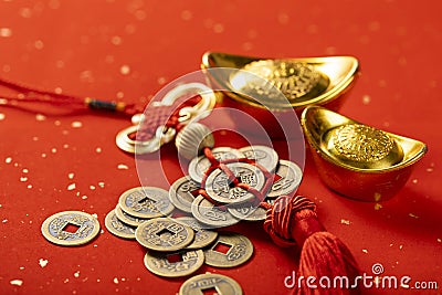 Selective focus shot of Chinese decorations and lucky charms - concept of Chinese New Year Stock Photo