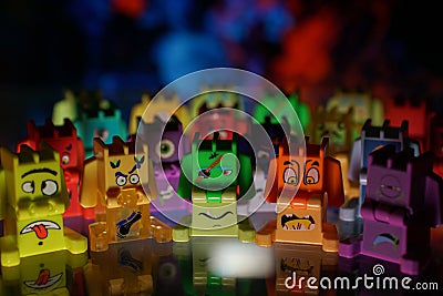 Selective focus shot of colorful interlocking plastic brick toys Stock Photo