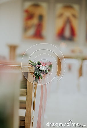 Selective focus shot of the decorated church for a wedding ceremony Stock Photo