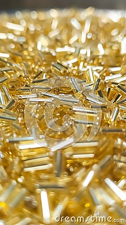 Selective focus shot of a pile of shiny golden glass beads Stock Photo