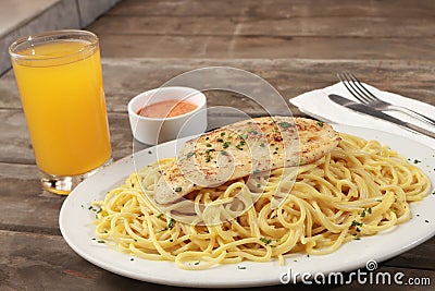 Selective focus shot of tasty appetizing classic Italian spaghetti pasta with meat and juice Stock Photo