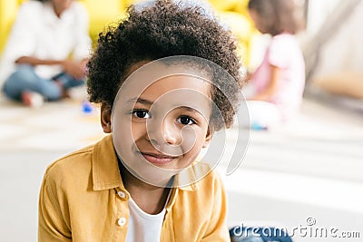 selective focus of smiling african american boy Stock Photo