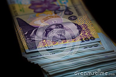 Selective focus on stack of LEI romanian money. Lei banknotes isolated Stock Photo