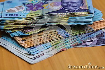 Selective focus on stack of LEI romanian money. Lei banknotes isolated Stock Photo