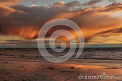 selective focus, view of setting sun and sky with clouds. nature background, peaceful abstract light Stock Photo