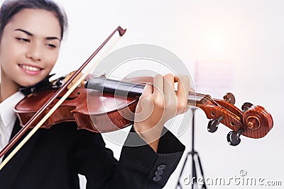 In selective focus of violin was playing by student Stock Photo