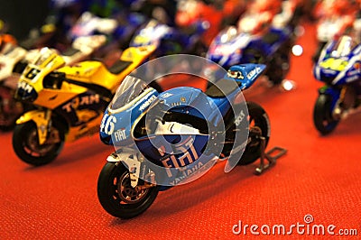 Selective focused on MotoGP`s miniature scale motorcycle models. Editorial Stock Photo