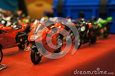 Selective focused on MotoGP`s miniature scale motorcycle models. Editorial Stock Photo