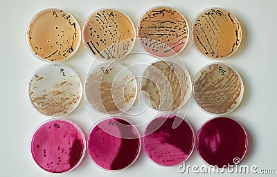 Selective media Agar Plates With bacteria colonies in various petri dish Stock Photo